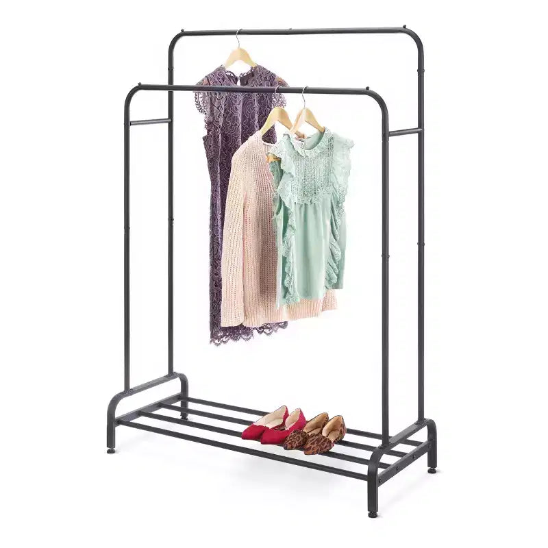 Whitmor Double Rod Garment Rack Black: Steel Frame, 61" Height, 43" Width, 17" Depth, Adult Assembly Required