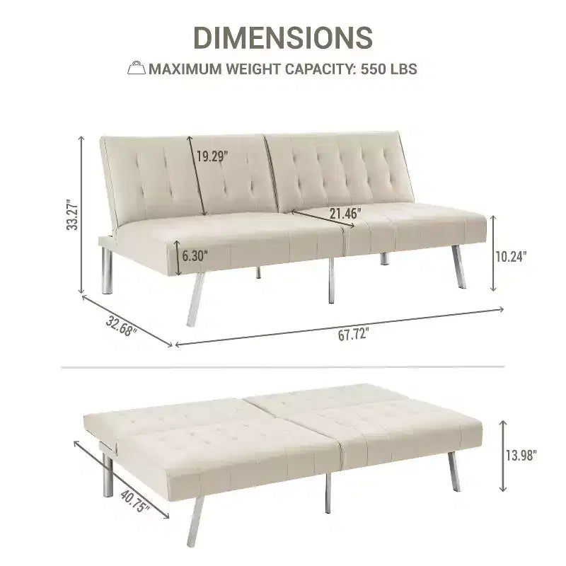 Canapé-lit futon capitonné à dossier divisé, canapé-lit convertible avec pieds chromés