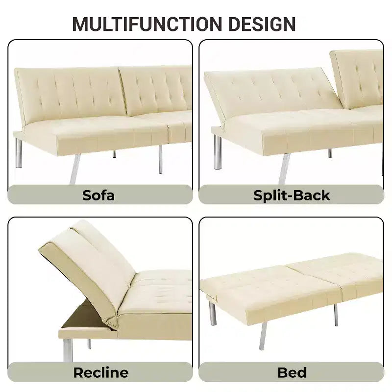 Canapé-lit futon capitonné à dossier divisé, canapé-lit convertible avec pieds chromés