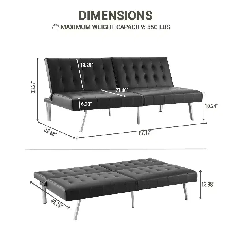 Canapé-lit futon capitonné à dossier divisé, canapé-lit convertible avec pieds chromés
