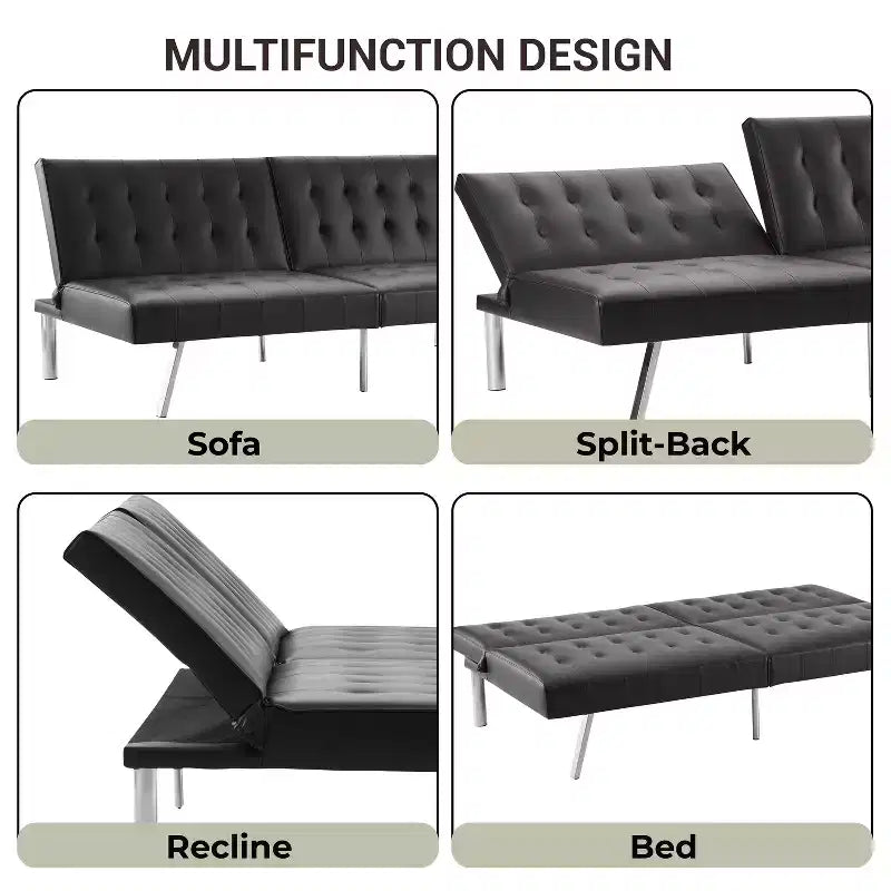 Canapé-lit futon capitonné à dossier divisé, canapé-lit convertible avec pieds chromés