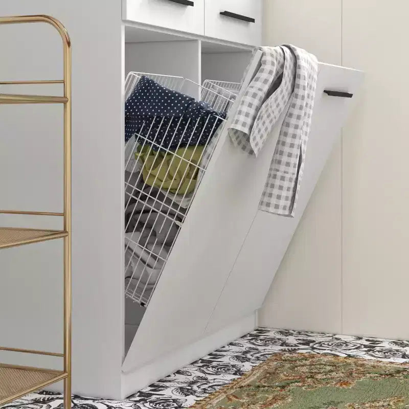 Meuble de rangement de salle de bain blanc moderne avec panier à linge intégré au niveau inférieur