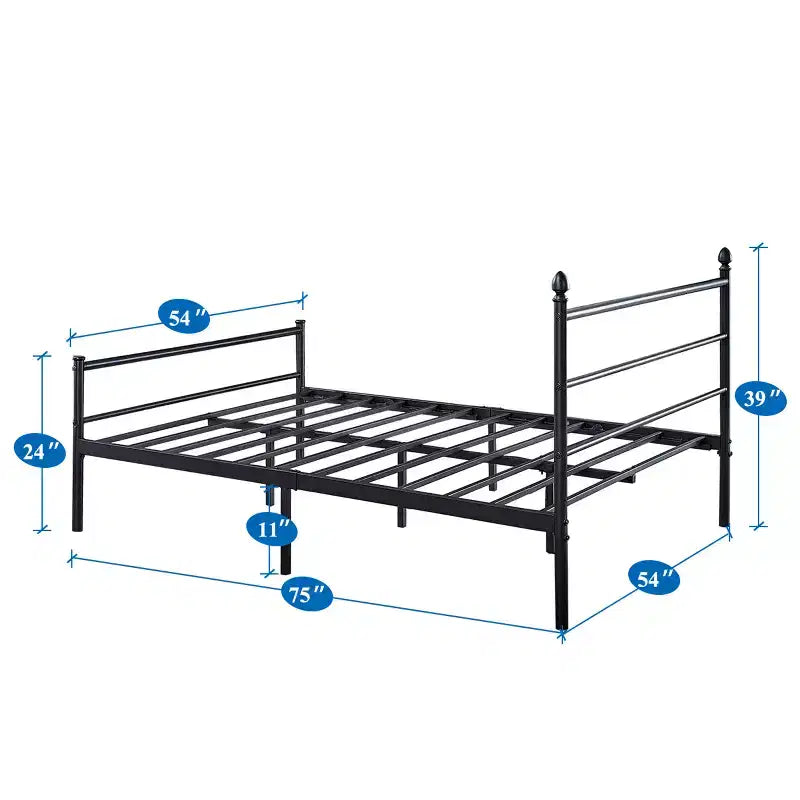 Lit double en métal, cadre de lit avec tête et pied de lit, aucun sommier tapissier requis, noir