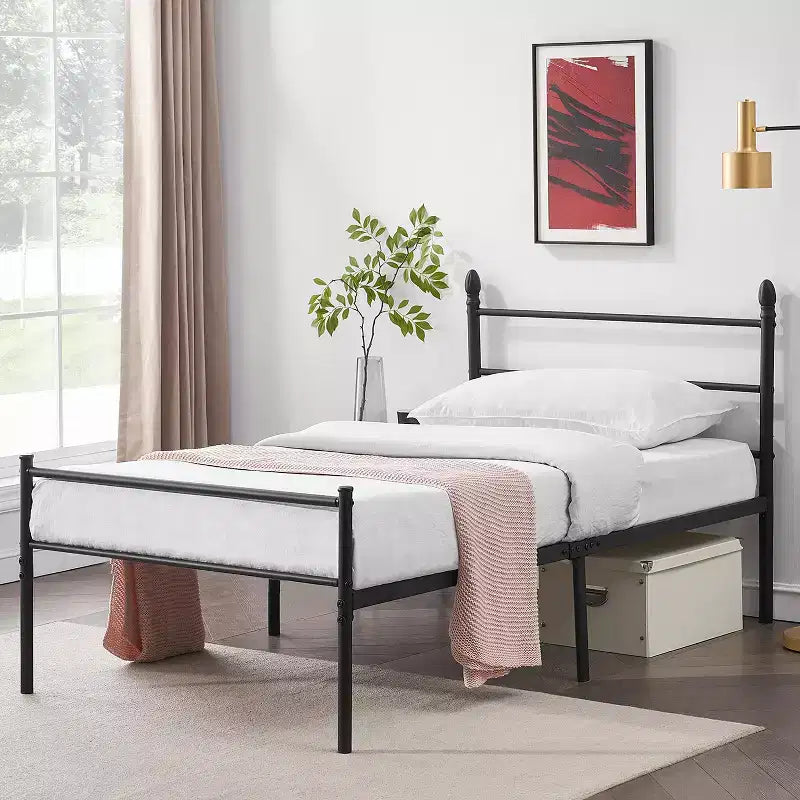 Lit double en métal, cadre de lit avec tête et pied de lit, aucun sommier tapissier requis, noir