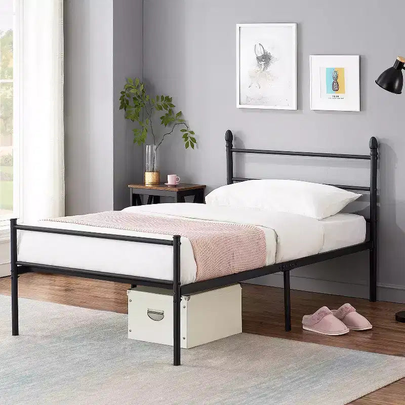 Lit double en métal, cadre de lit avec tête et pied de lit, aucun sommier tapissier requis, noir