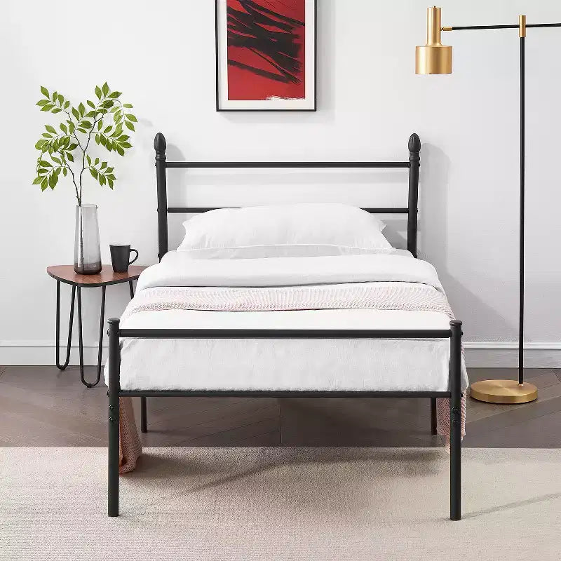 Lit double en métal, cadre de lit avec tête et pied de lit, aucun sommier tapissier requis, noir