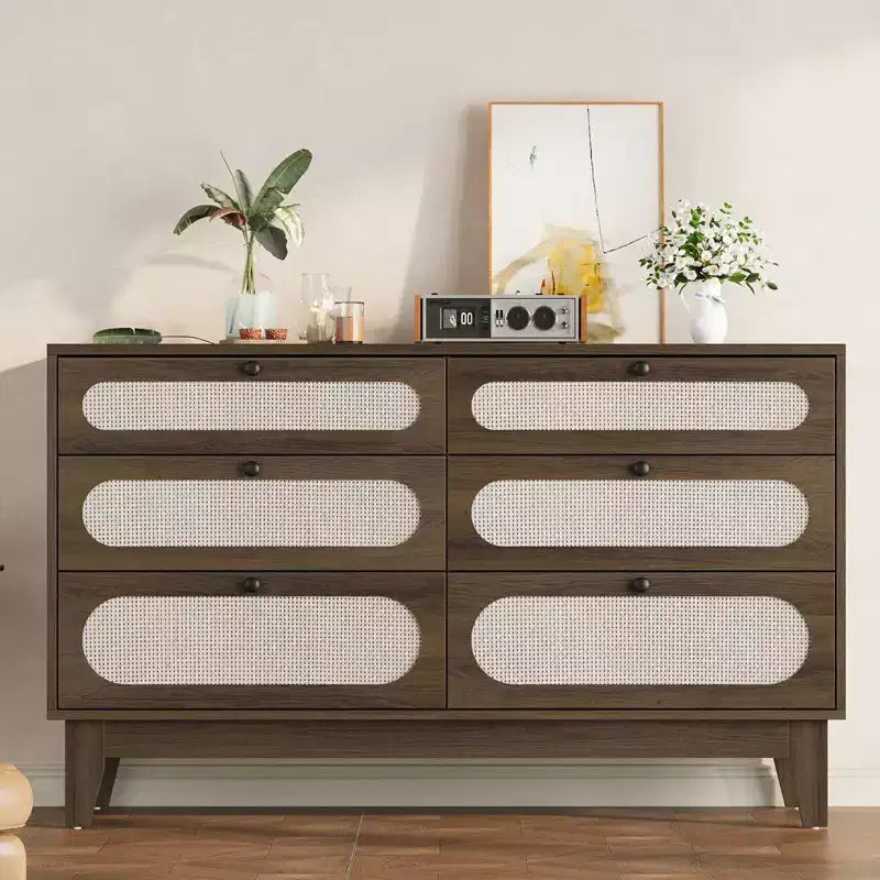 Rattan Nightstand Bedside Table, Modern Side Table with 6 Drawers, Narrow Chests of Drawers, End Tables for Bedroom, Living Room
