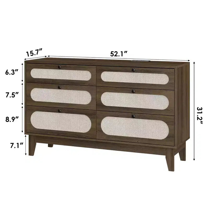 Table de chevet en rotin, Table d'appoint moderne avec 6 tiroirs, Commode étroite, Tables d'appoint pour chambre à coucher, salon