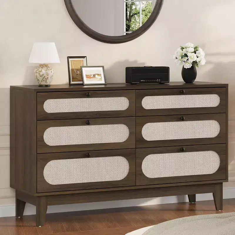 Table de chevet en rotin, Table d'appoint moderne avec 6 tiroirs, Commode étroite, Tables d'appoint pour chambre à coucher, salon