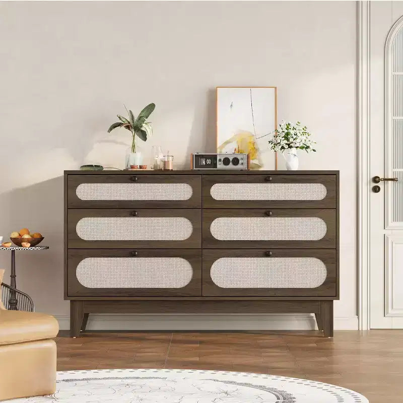 Table de chevet en rotin, Table d'appoint moderne avec 6 tiroirs, Commode étroite, Tables d'appoint pour chambre à coucher, salon