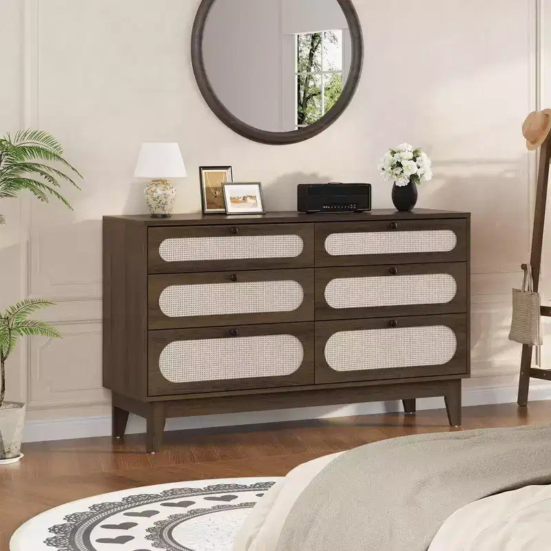 Table de chevet en rotin, Table d'appoint moderne avec 6 tiroirs, Commode étroite, Tables d'appoint pour chambre à coucher, salon