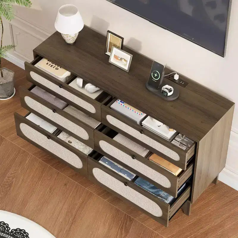 Table de chevet en rotin, Table d'appoint moderne avec 6 tiroirs, Commode étroite, Tables d'appoint pour chambre à coucher, salon