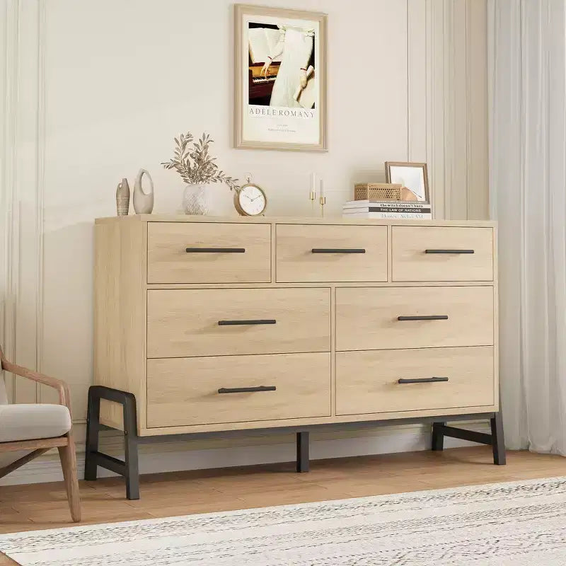 Commode de chambre à coucher 7 tiroirs, commode de 132 cm de large, commode à tiroirs larges avec rangement autonome, commode de rangement en bois pour chambre à coucher