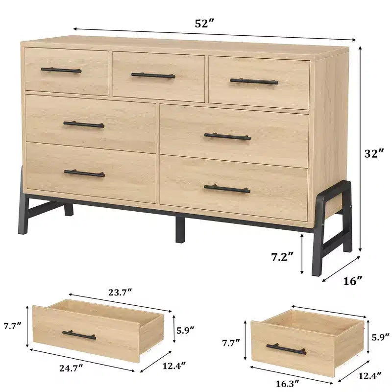 Commode de chambre à coucher 7 tiroirs, commode de 132 cm de large, commode à tiroirs larges avec rangement autonome, commode de rangement en bois pour chambre à coucher