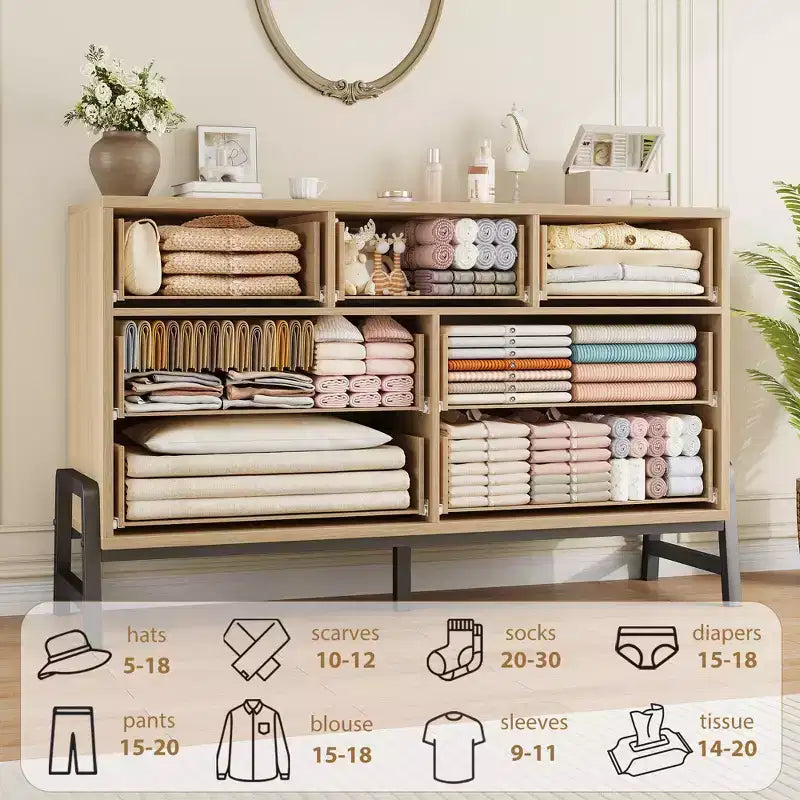 Commode de chambre à coucher 7 tiroirs, commode de 132 cm de large, commode à tiroirs larges avec rangement autonome, commode de rangement en bois pour chambre à coucher