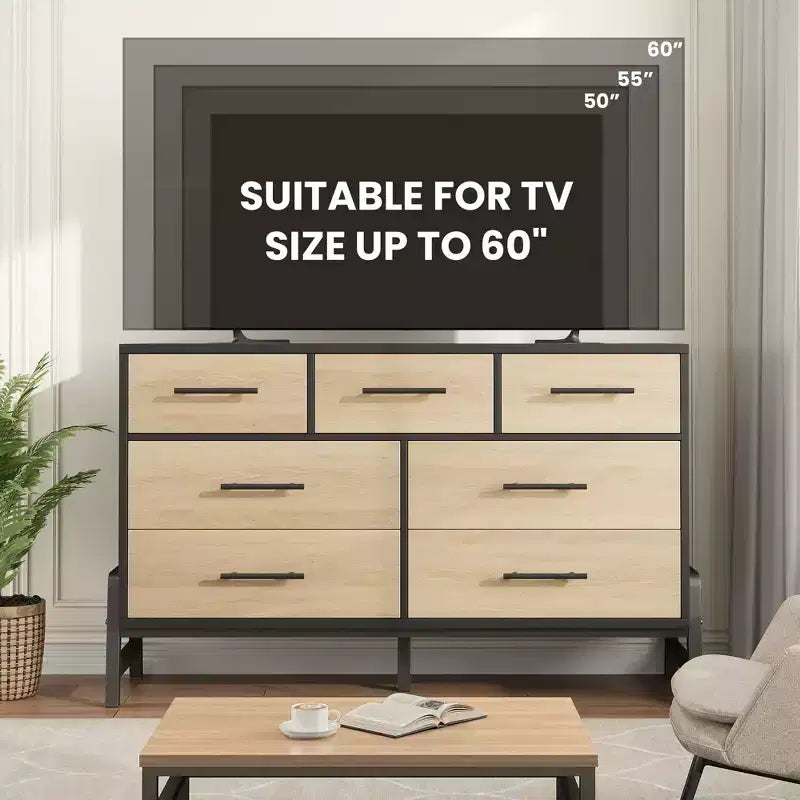 Commode de chambre à coucher 7 tiroirs, commode de 132 cm de large, commode à tiroirs larges avec rangement autonome, commode de rangement en bois pour chambre à coucher