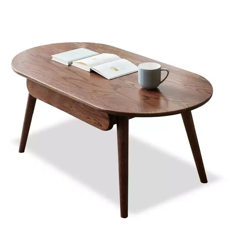 GDFStudio Belle Solid Oak Wood 39.37W Oval Coffee Table with One Drawer