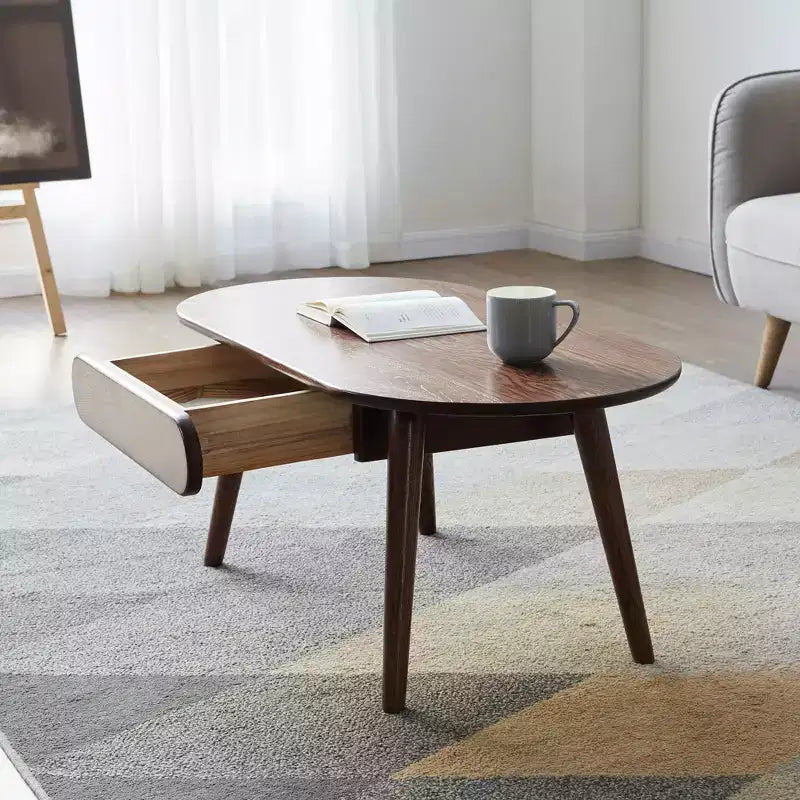 Table basse ovale en bois de chêne massif de 100 cm de large avec un tiroir
