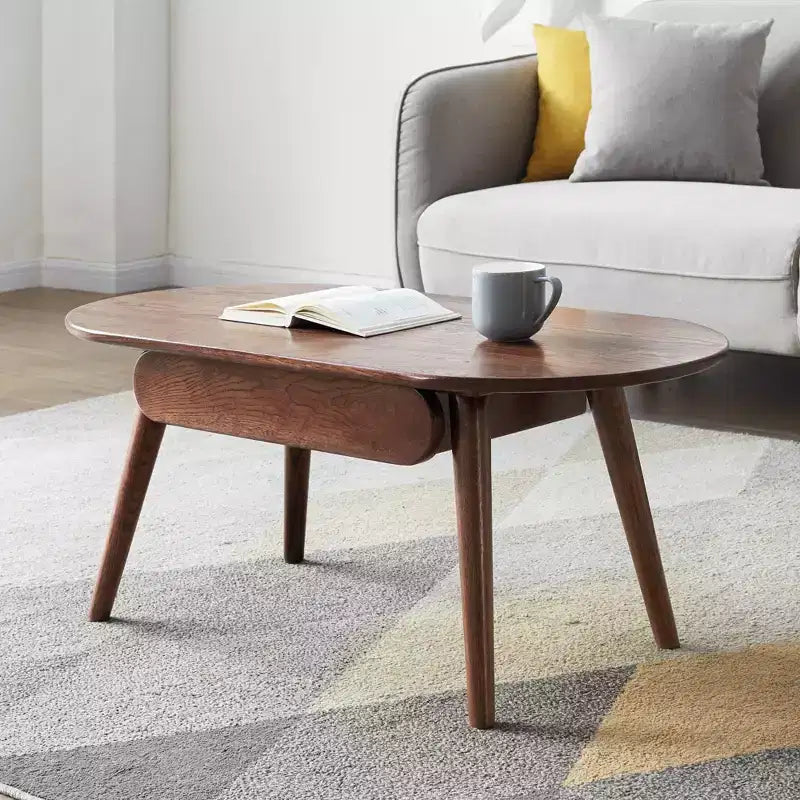 Table basse ovale en bois de chêne massif de 100 cm de large avec un tiroir