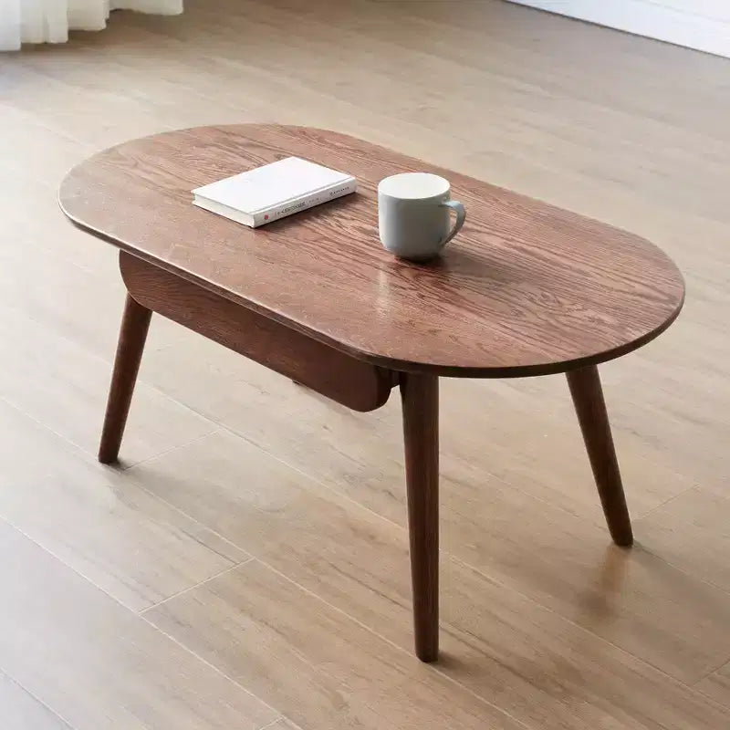 Table basse ovale en bois de chêne massif de 100 cm de large avec un tiroir