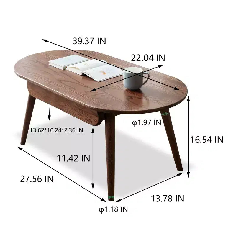 Table basse ovale en bois de chêne massif de 100 cm de large avec un tiroir