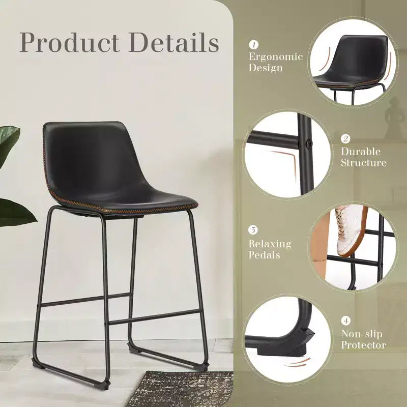 Tabourets de bar industriels sans accoudoirs en similicuir avec pieds et repose-pieds en métal, chaises de salle à manger pour îlot de cuisine ou bureau à domicile