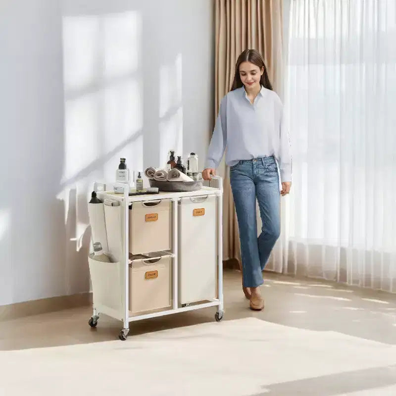 Panier à Linge 100 L à 3 Compartiments avec Roulettes, Étagères et 6 Étiquettes