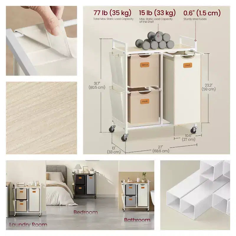 Panier à Linge 100 L à 3 Compartiments avec Roulettes, Étagères et 6 Étiquettes