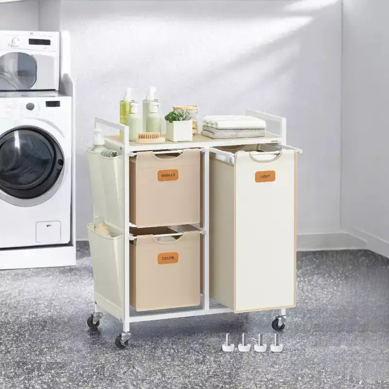 Panier à Linge 100 L à 3 Compartiments avec Roulettes, Étagères et 6 Étiquettes