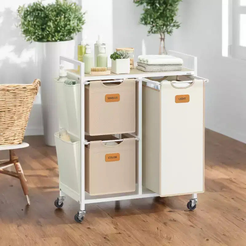 Panier à Linge 100 L à 3 Compartiments avec Roulettes, Étagères et 6 Étiquettes