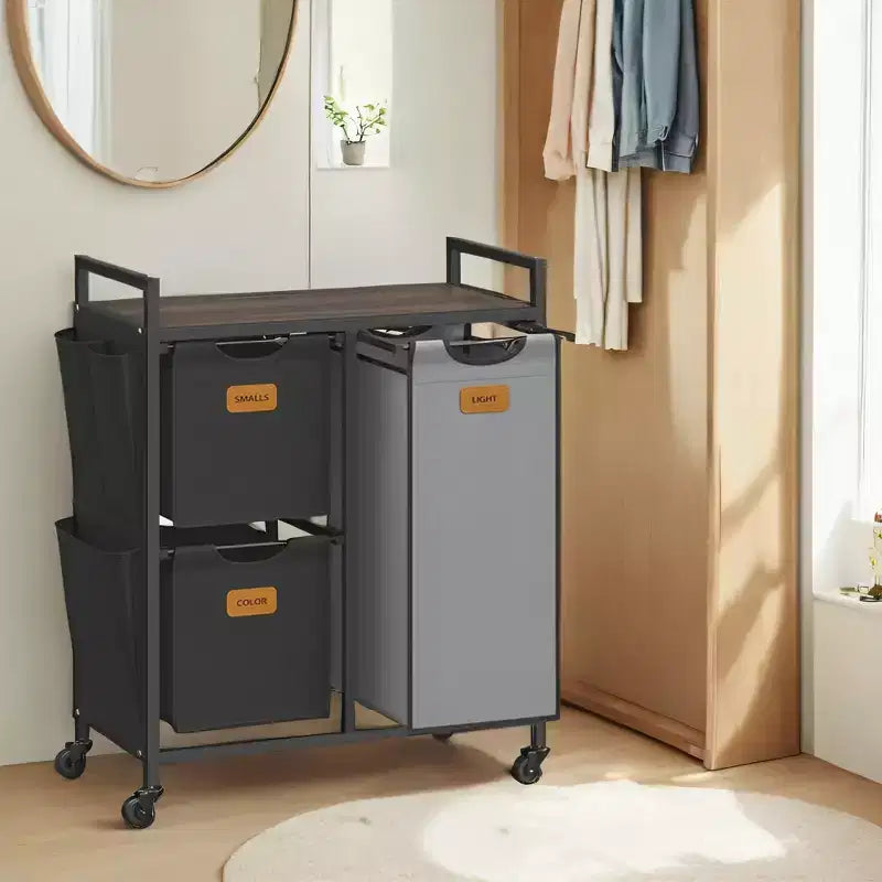 Panier à Linge 100 L à 3 Compartiments avec Roulettes, Étagères et 6 Étiquettes