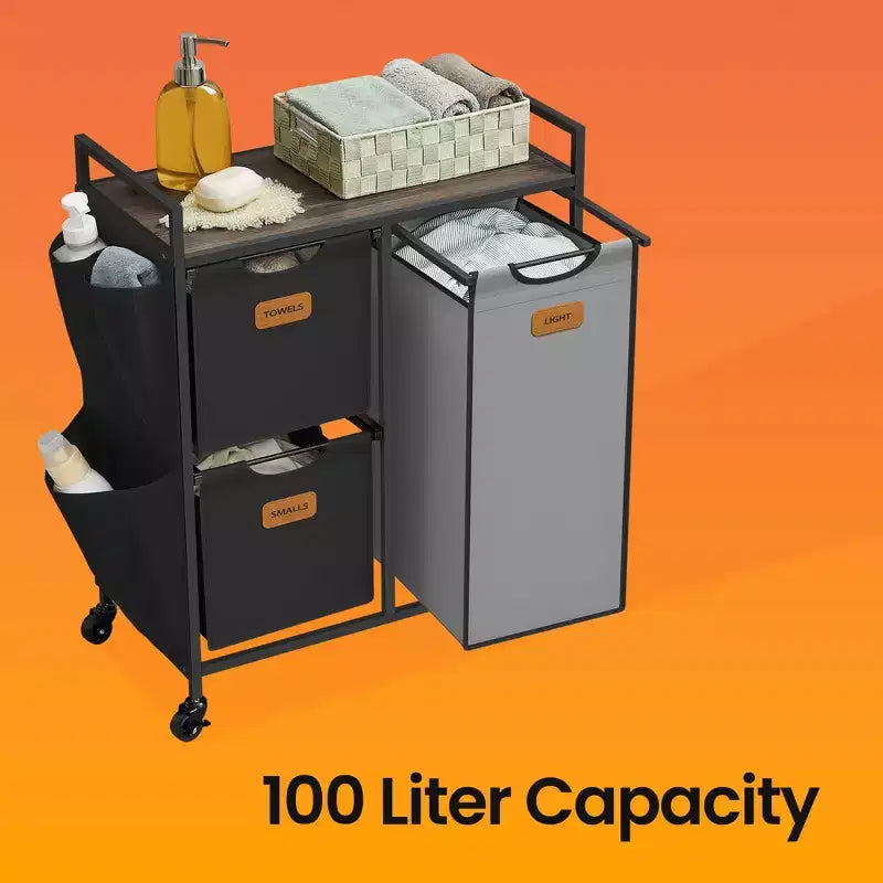 Panier à Linge 100 L à 3 Compartiments avec Roulettes, Étagères et 6 Étiquettes