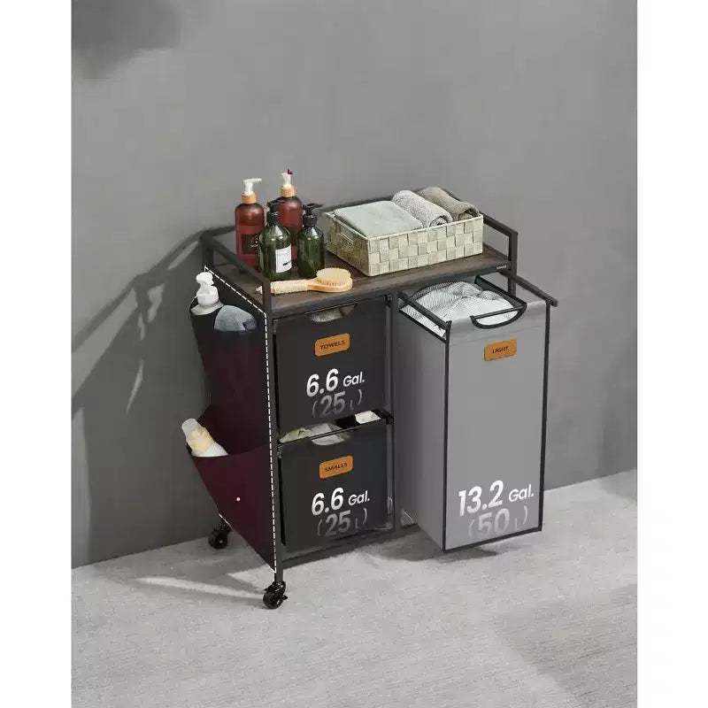 Panier à Linge 100 L à 3 Compartiments avec Roulettes, Étagères et 6 Étiquettes
