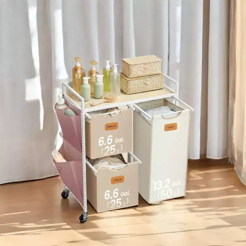 Panier à Linge 100 L à 3 Compartiments avec Roulettes, Étagères et 6 Étiquettes