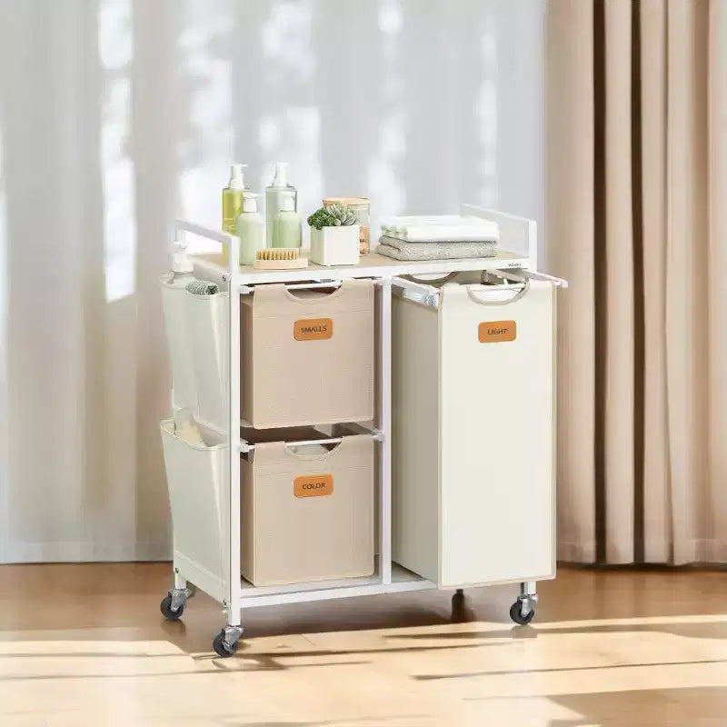 Panier à Linge 100 L à 3 Compartiments avec Roulettes, Étagères et 6 Étiquettes