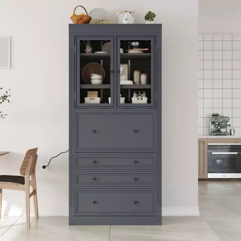 GDFStudio Waylon Kitchen Pantry Storage Cabinet with Power Outlet, 3 Drawers and Adjustable Shelves