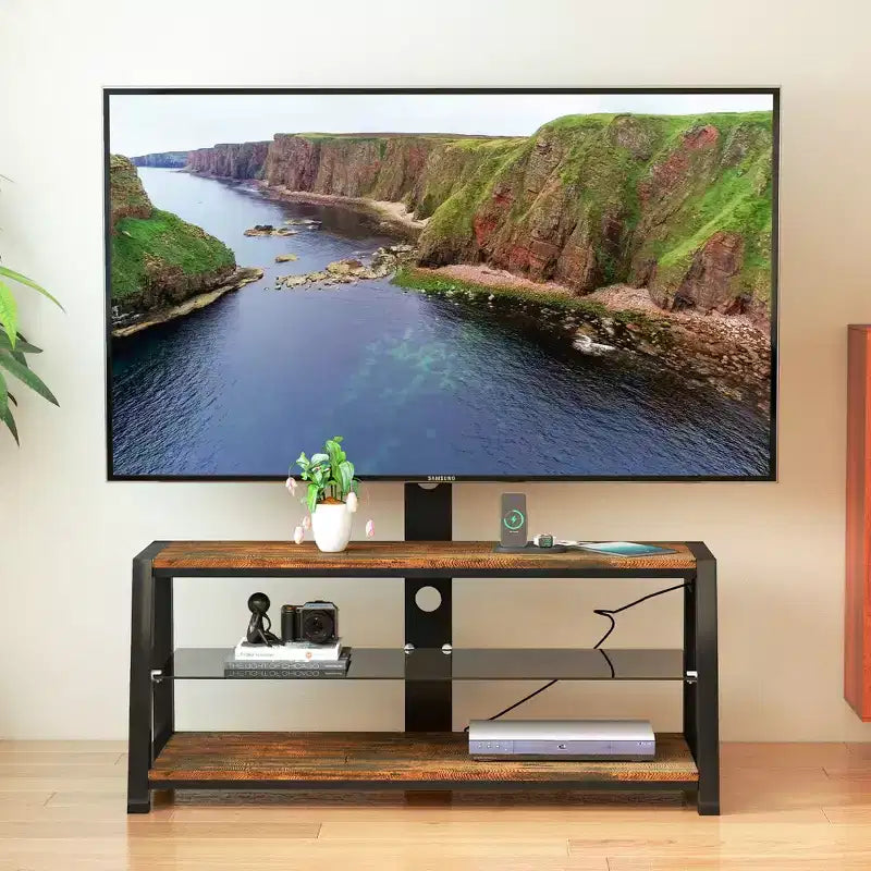 JVNOXK Wooden Storage TV Stand Black Tempered Glass Height Adjustable Universal Swivel Entertainment Center With Mount TV Stand, Rustic Browm