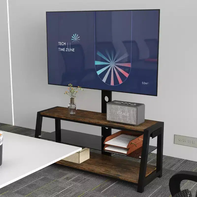 Meuble TV de rangement en bois, verre trempé noir, hauteur réglable, centre de divertissement universel pivotant avec support TV, marron rustique