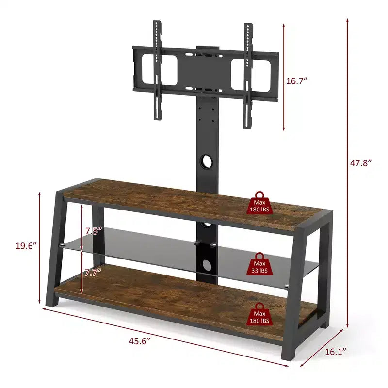 Meuble TV de rangement en bois, verre trempé noir, hauteur réglable, centre de divertissement universel pivotant avec support TV, marron rustique