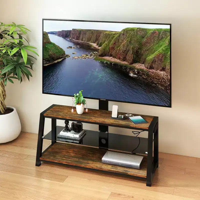 Meuble TV de rangement en bois, verre trempé noir, hauteur réglable, centre de divertissement universel pivotant avec support TV, marron rustique