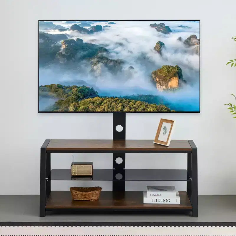 Meuble TV de rangement en bois, verre trempé noir, hauteur réglable, centre de divertissement universel pivotant avec support TV, marron rustique