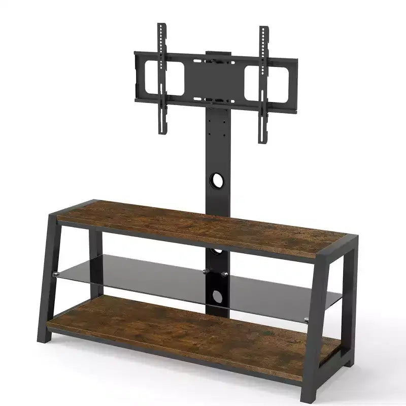 Meuble TV de rangement en bois, verre trempé noir, hauteur réglable, centre de divertissement universel pivotant avec support TV, marron rustique
