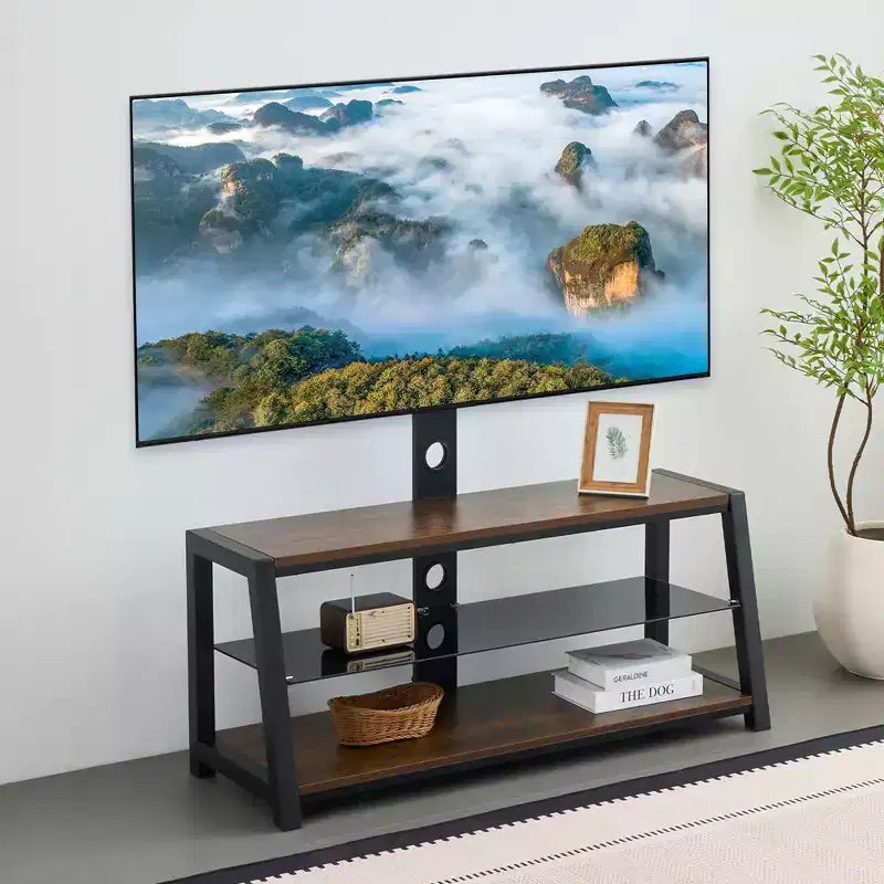 Meuble TV de rangement en bois, verre trempé noir, hauteur réglable, centre de divertissement universel pivotant avec support TV, marron rustique