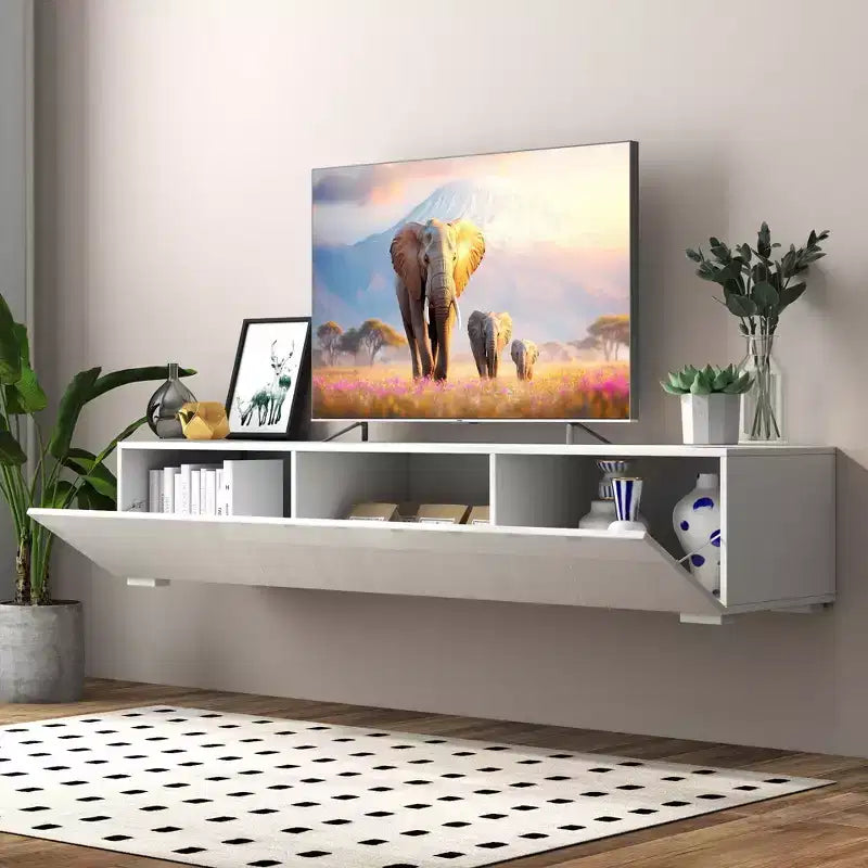 Meuble TV moderne de 63 pouces avec portes d'armoire abattantes, meuble média avec rangement, convient au salon, blanc