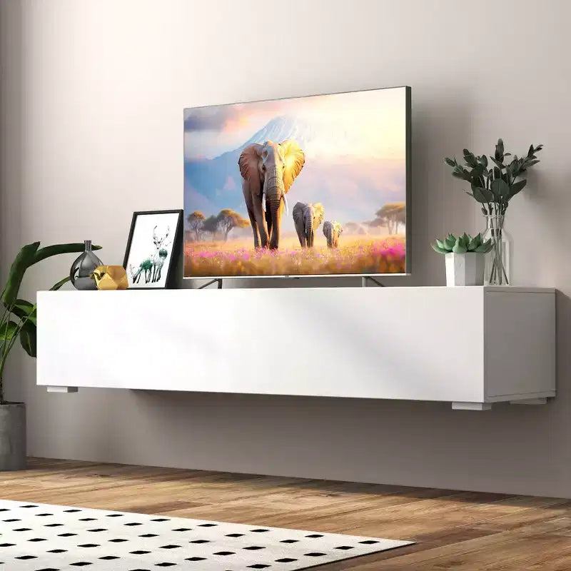Meuble TV moderne de 63 pouces avec portes d'armoire abattantes, meuble média avec rangement, convient au salon, blanc