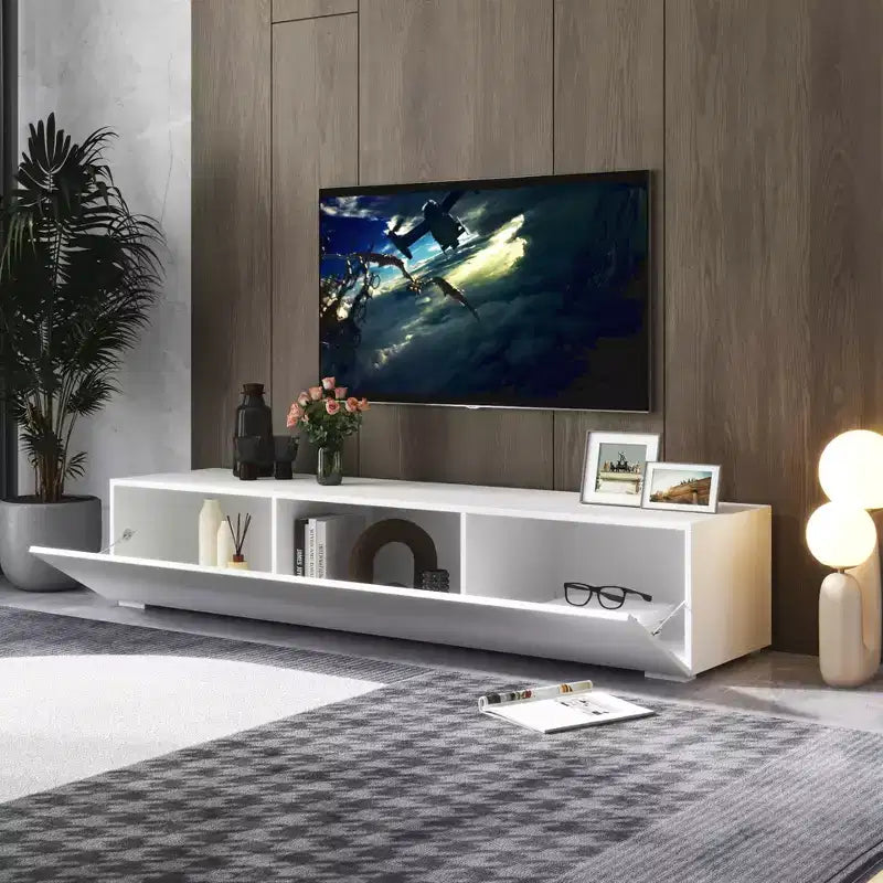 Meuble TV moderne de 63 pouces avec portes d'armoire abattantes, meuble média avec rangement, convient au salon, blanc