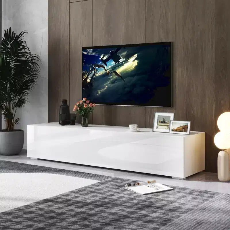 Meuble TV moderne de 63 pouces avec portes d'armoire abattantes, meuble média avec rangement, convient au salon, blanc
