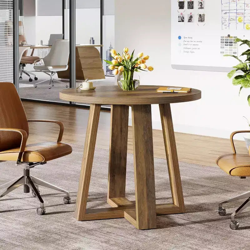 Table de conférence ronde de 31,5 pouces pour 2 à 4 personnes, petite table de réunion en bois avec base robuste pour petits espaces, style rustique fermier