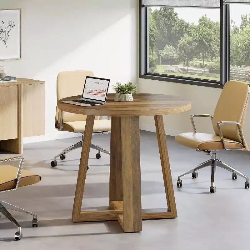 Table de conférence ronde de 31,5 pouces pour 2 à 4 personnes, petite table de réunion en bois avec base robuste pour petits espaces, style rustique fermier