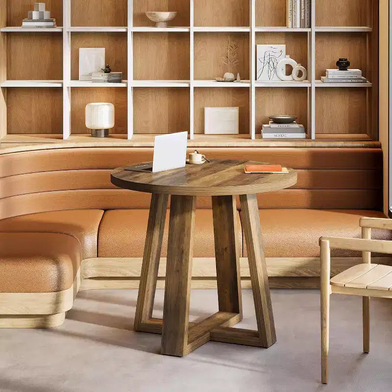 Table de conférence ronde de 31,5 pouces pour 2 à 4 personnes, petite table de réunion en bois avec base robuste pour petits espaces, style rustique fermier